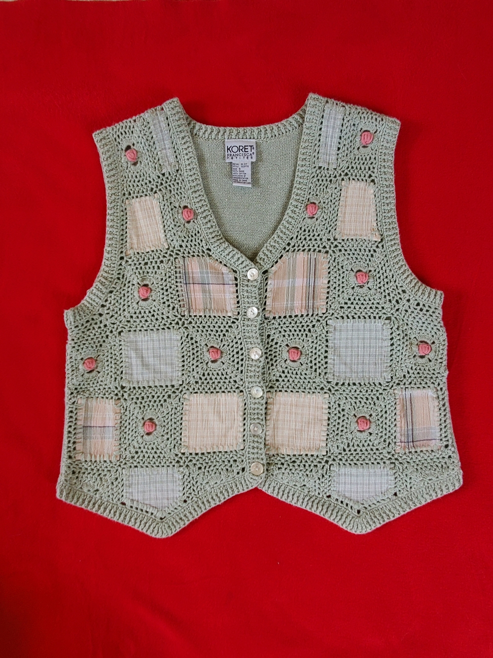 VINTAGE Koret Sage Green Crochet Patchwork Vest with Pink Rosettes